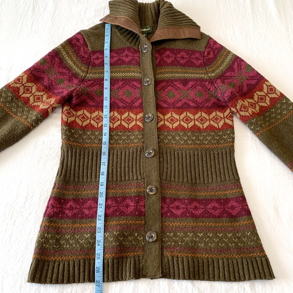 Eddie Bauer Olive Green, Burgundy & Rust Fair Isle Cardigan Sweater - Picture 10 of 10